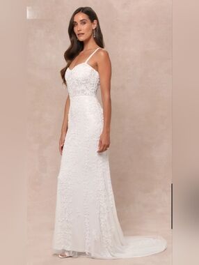 Lulu's White Lace Spaghetti Strap Bridal Gown